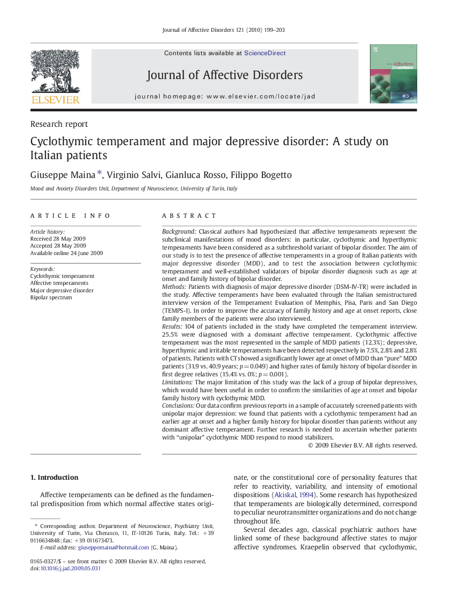 Cyclothymic temperament and major depressive disorder: A study on Italian patients