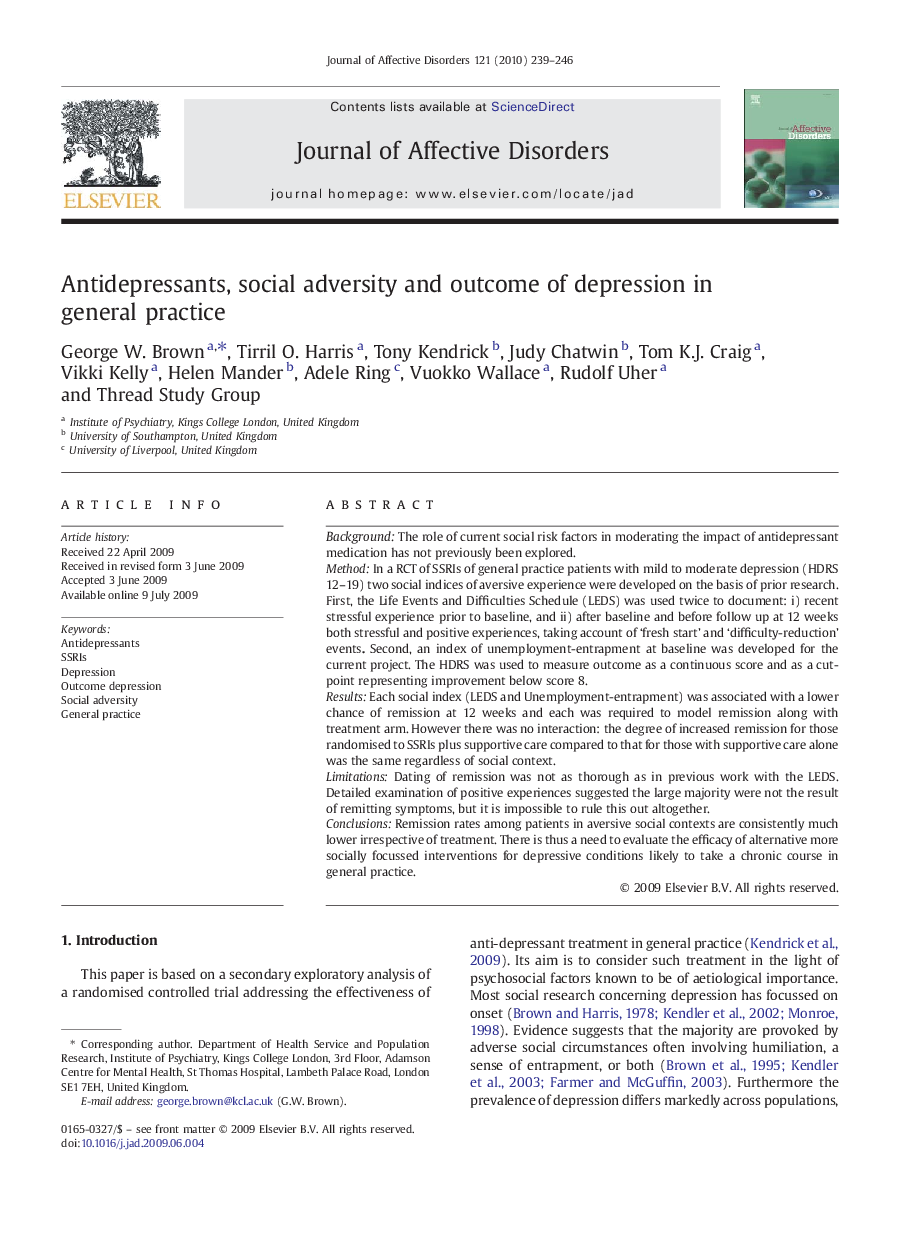 Antidepressants, social adversity and outcome of depression in general practice