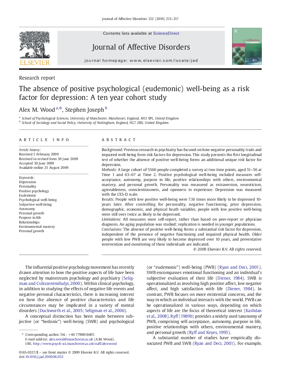 The absence of positive psychological (eudemonic) well-being as a risk factor for depression: A ten year cohort study