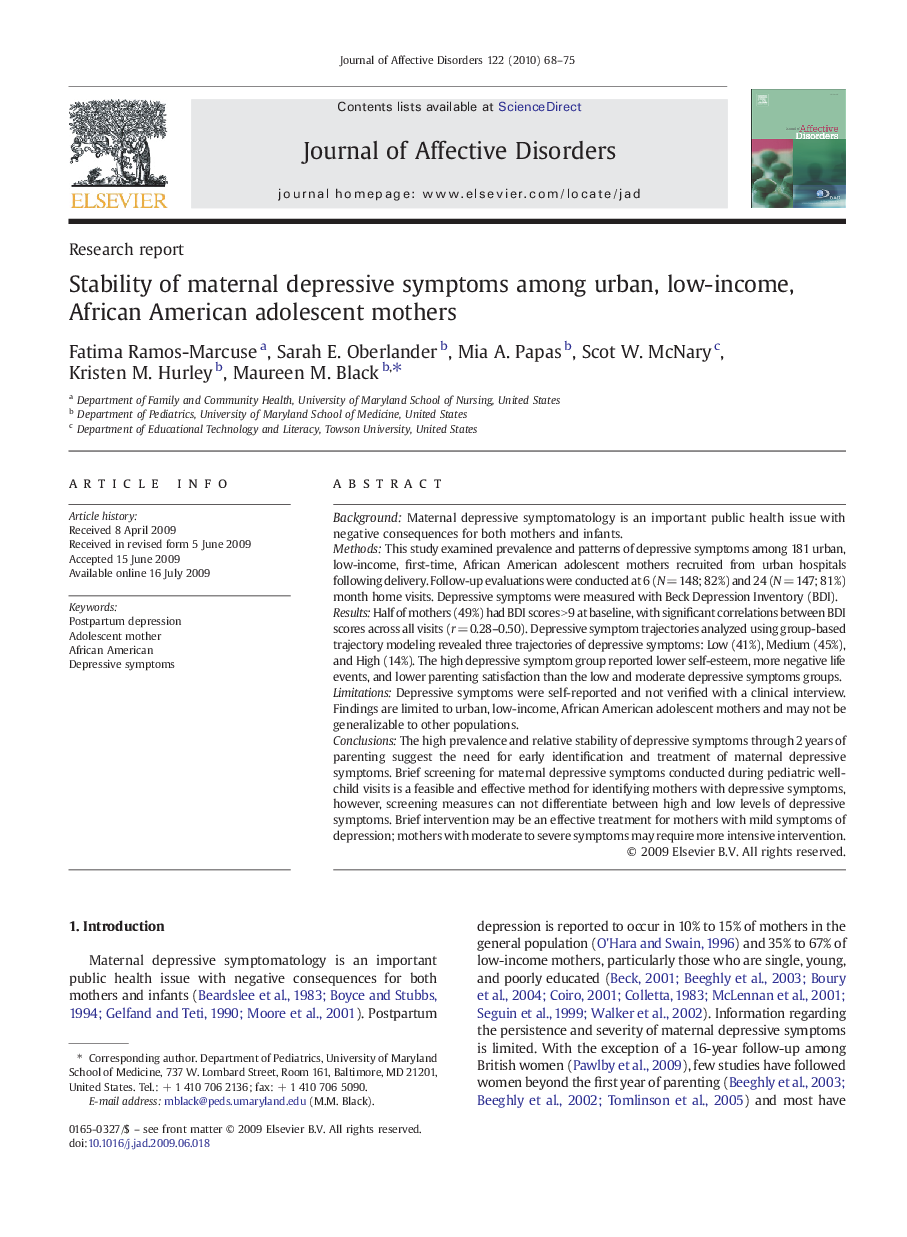 Stability of maternal depressive symptoms among urban, low-income, African American adolescent mothers