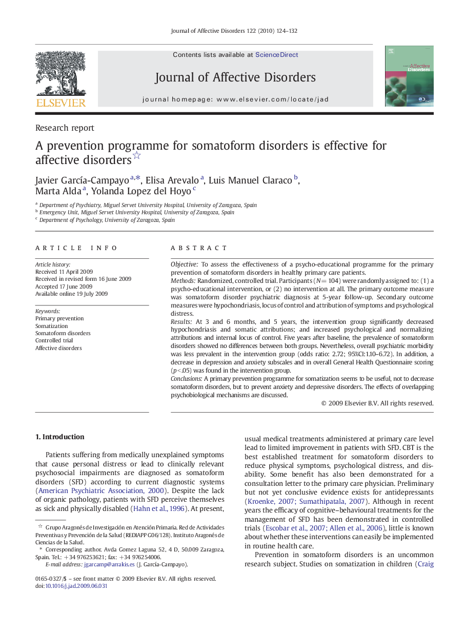 A prevention programme for somatoform disorders is effective for affective disorders 