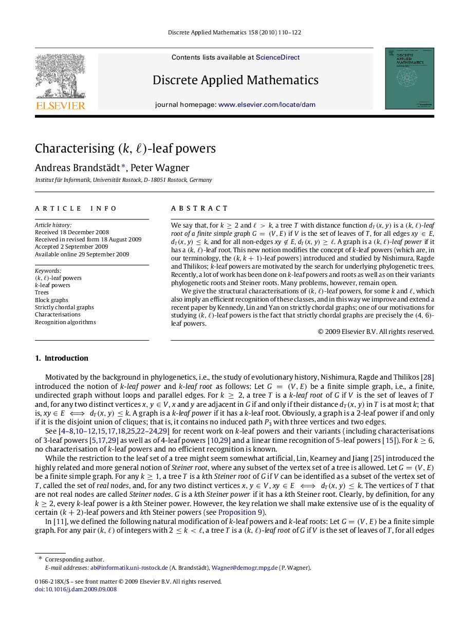 Characterising (k,ℓ)(k,ℓ)-leaf powers