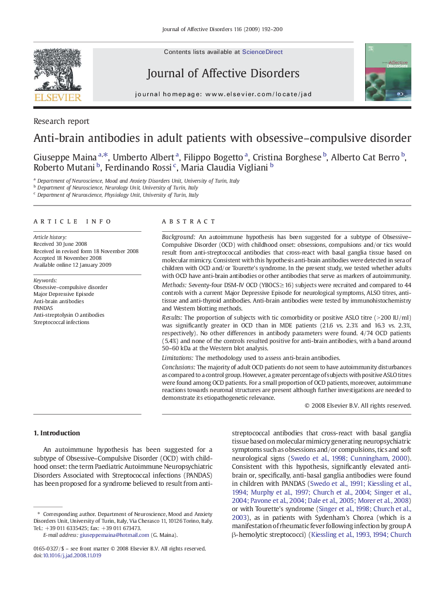 Anti-brain antibodies in adult patients with obsessive-compulsive disorder