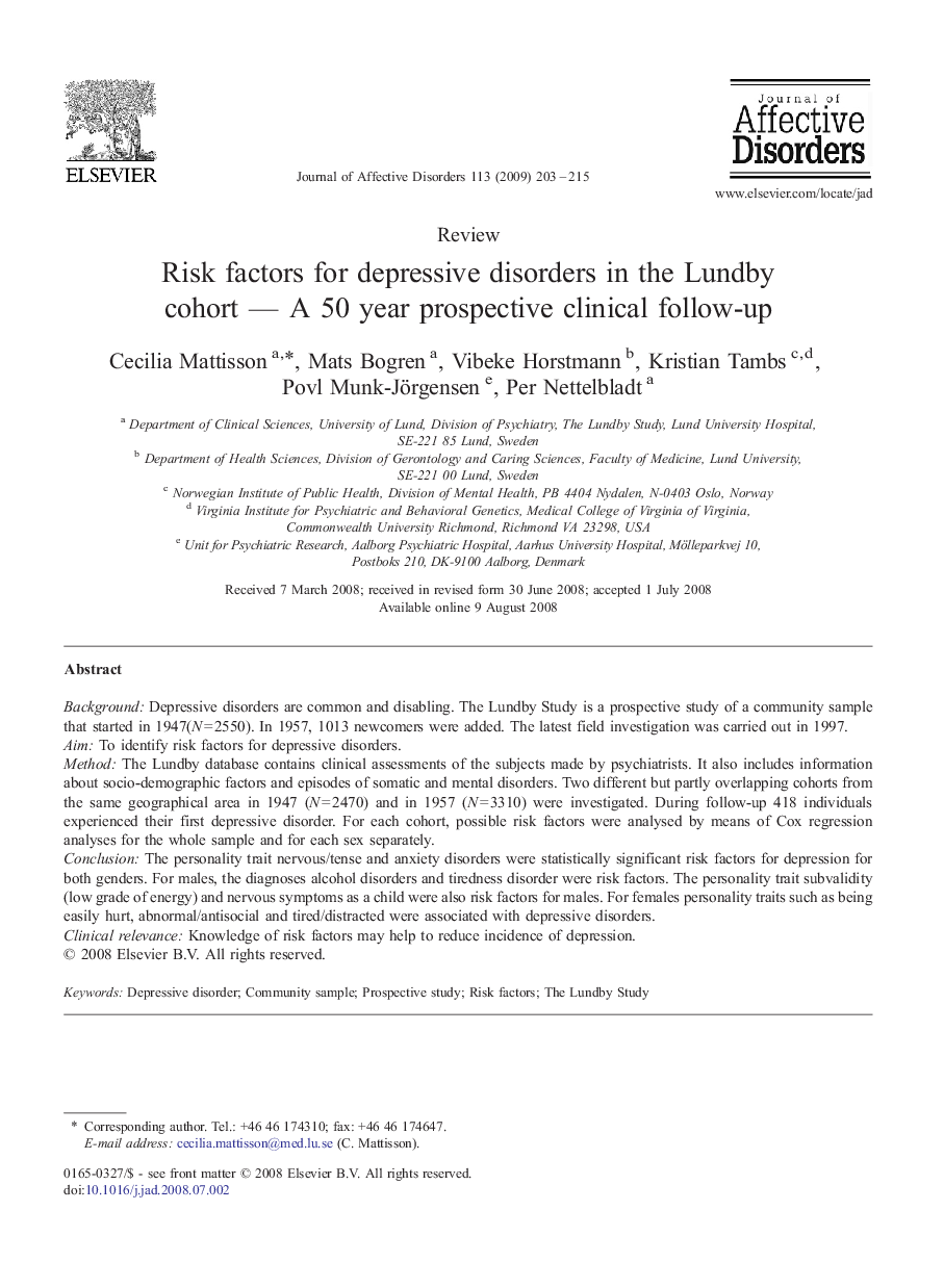 Risk factors for depressive disorders in the Lundby cohort — A 50 year prospective clinical follow-up