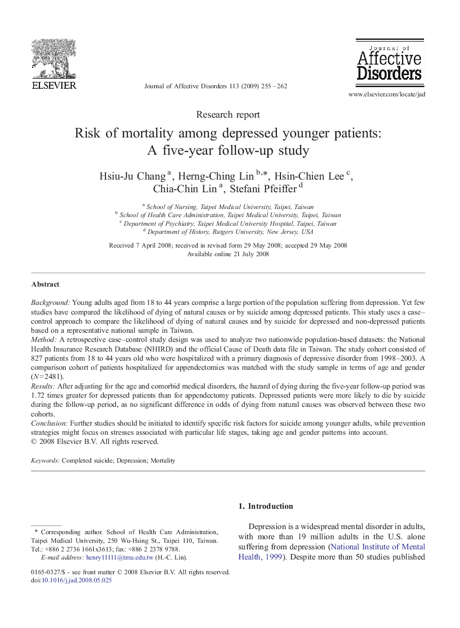 Risk of mortality among depressed younger patients: A five-year follow-up study