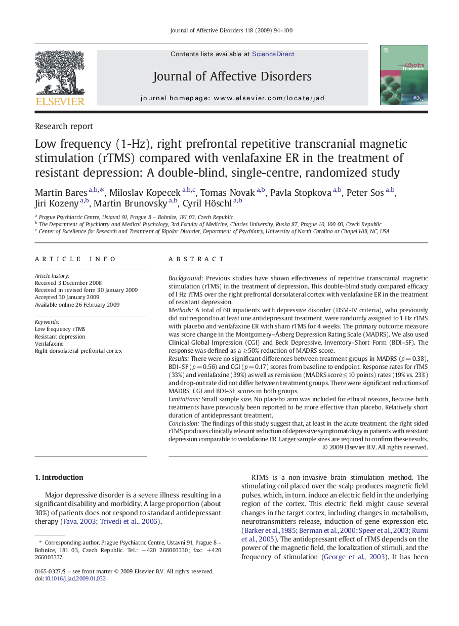 Low frequency (1-Hz), right prefrontal repetitive transcranial magnetic stimulation (rTMS) compared with venlafaxine ER in the treatment of resistant depression: A double-blind, single-centre, randomized study