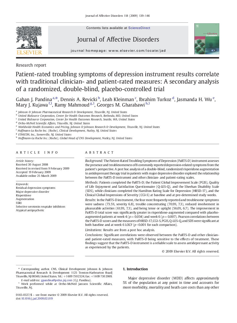 Patient-rated troubling symptoms of depression instrument results correlate with traditional clinician- and patient-rated measures: A secondary analysis of a randomized, double-blind, placebo-controlled trial