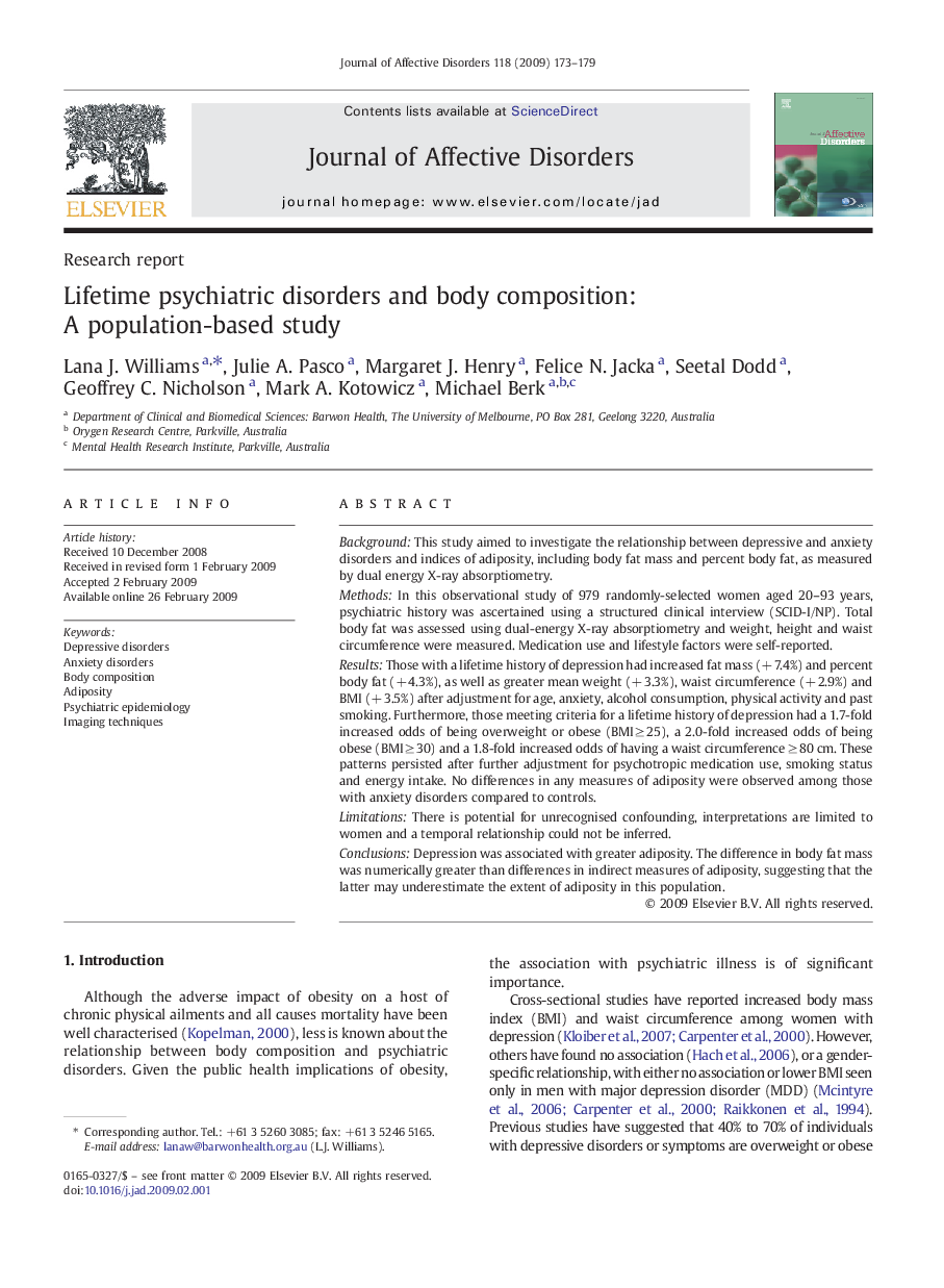 Lifetime psychiatric disorders and body composition: A population-based study