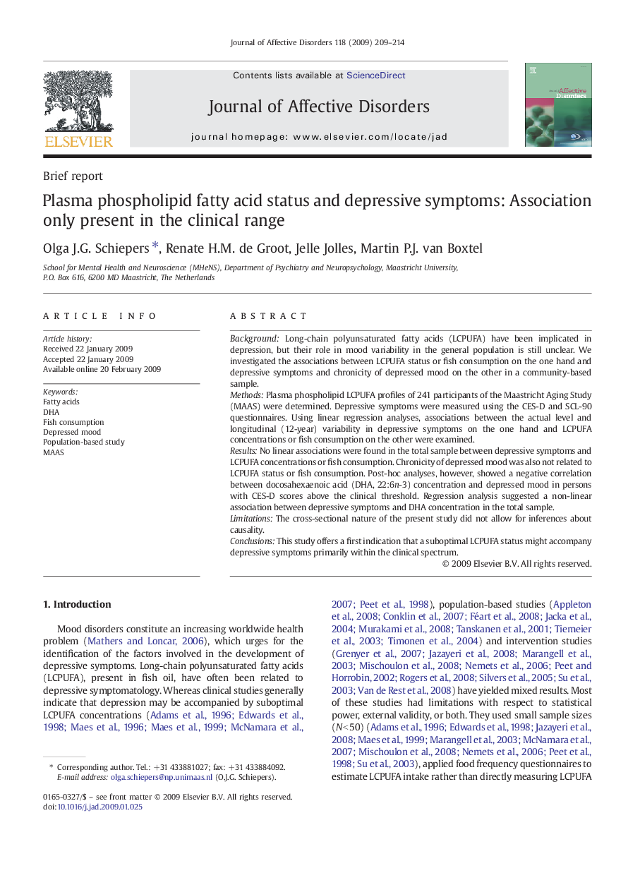 Plasma phospholipid fatty acid status and depressive symptoms: Association only present in the clinical range