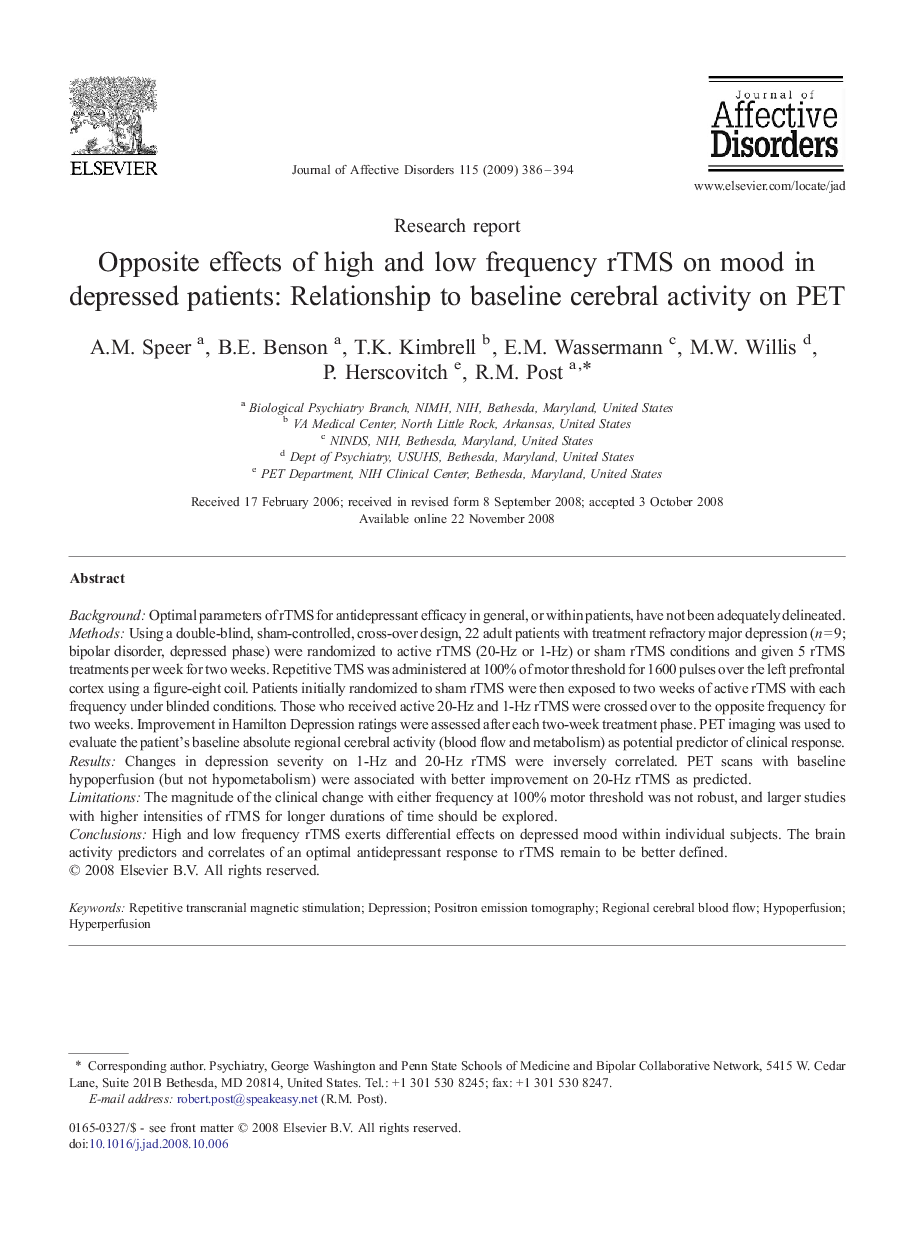 Opposite effects of high and low frequency rTMS on mood in depressed patients: Relationship to baseline cerebral activity on PET