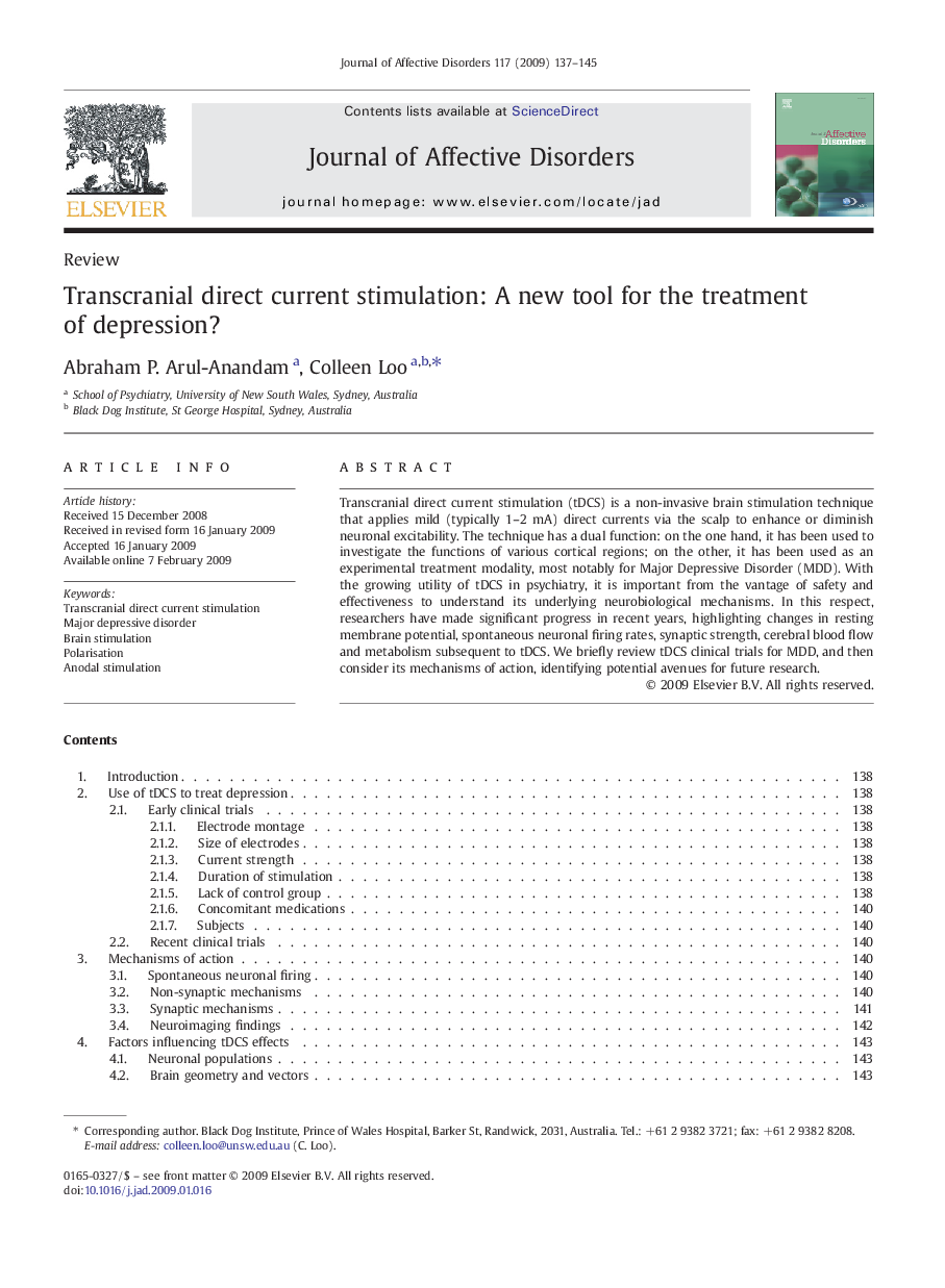 Transcranial direct current stimulation: A new tool for the treatment of depression?