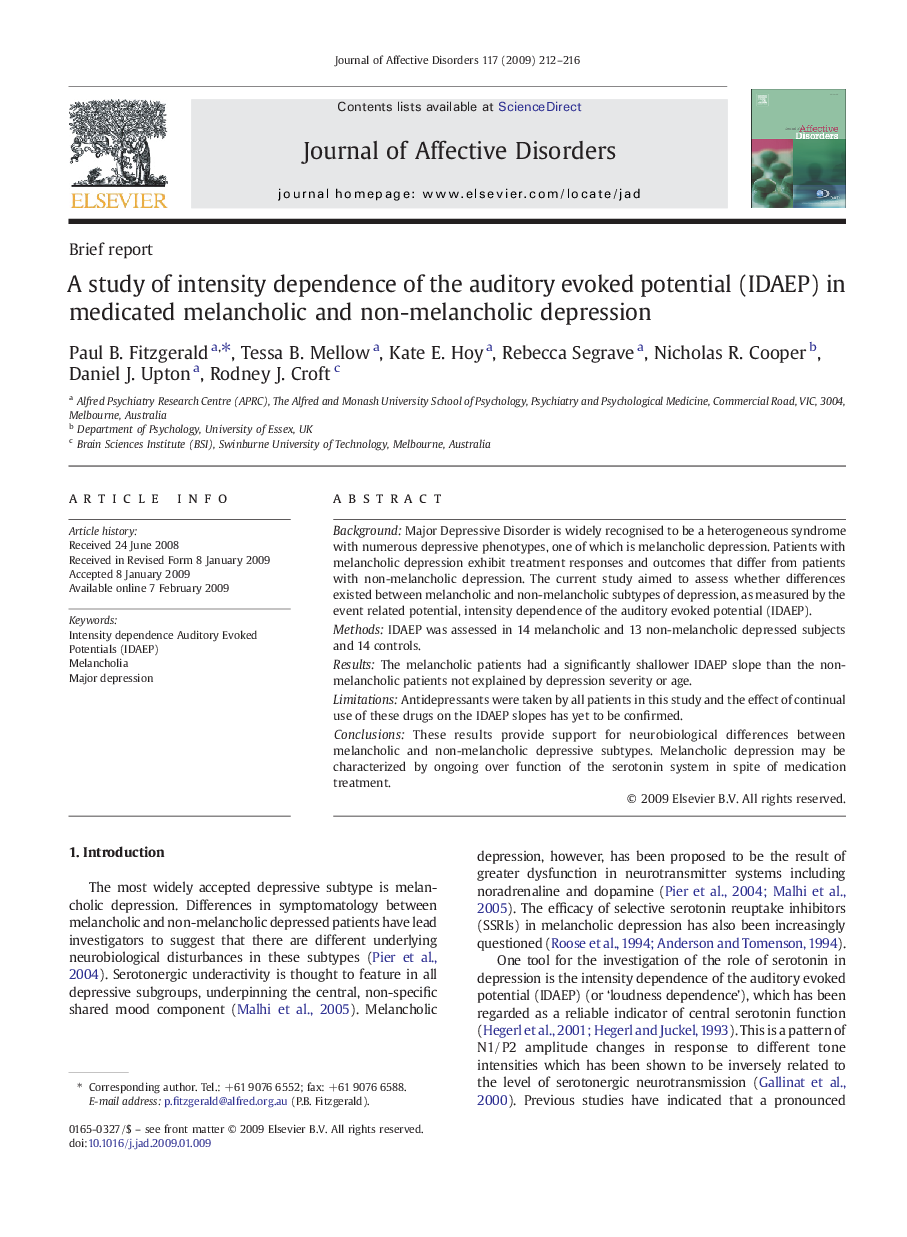 A study of intensity dependence of the auditory evoked potential (IDAEP) in medicated melancholic and non-melancholic depression