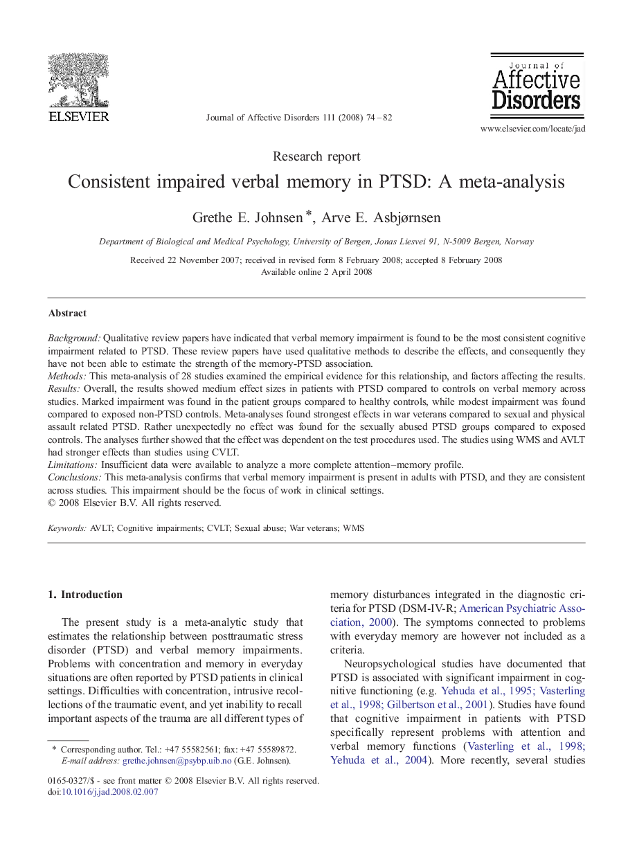 Consistent impaired verbal memory in PTSD: A meta-analysis