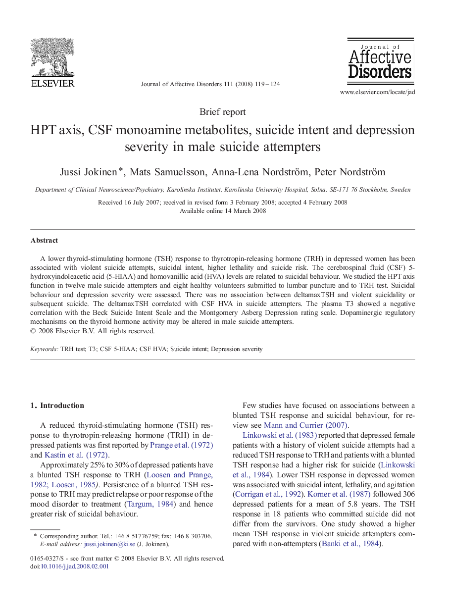 HPT axis, CSF monoamine metabolites, suicide intent and depression severity in male suicide attempters