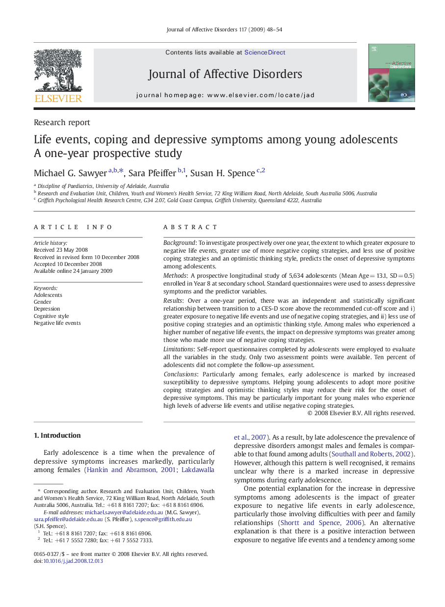 Life events, coping and depressive symptoms among young adolescents: A one-year prospective study