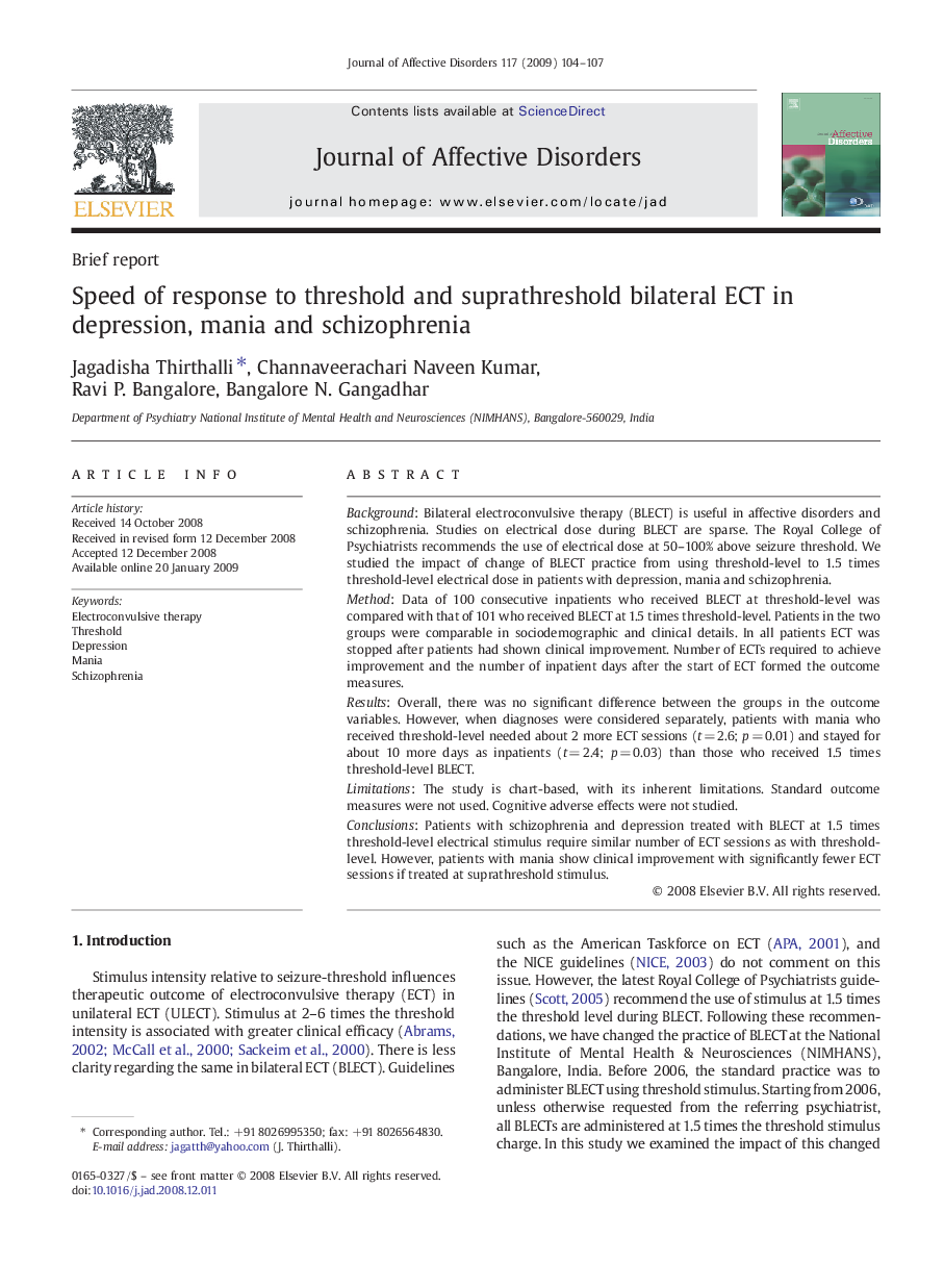 Speed of response to threshold and suprathreshold bilateral ECT in depression, mania and schizophrenia