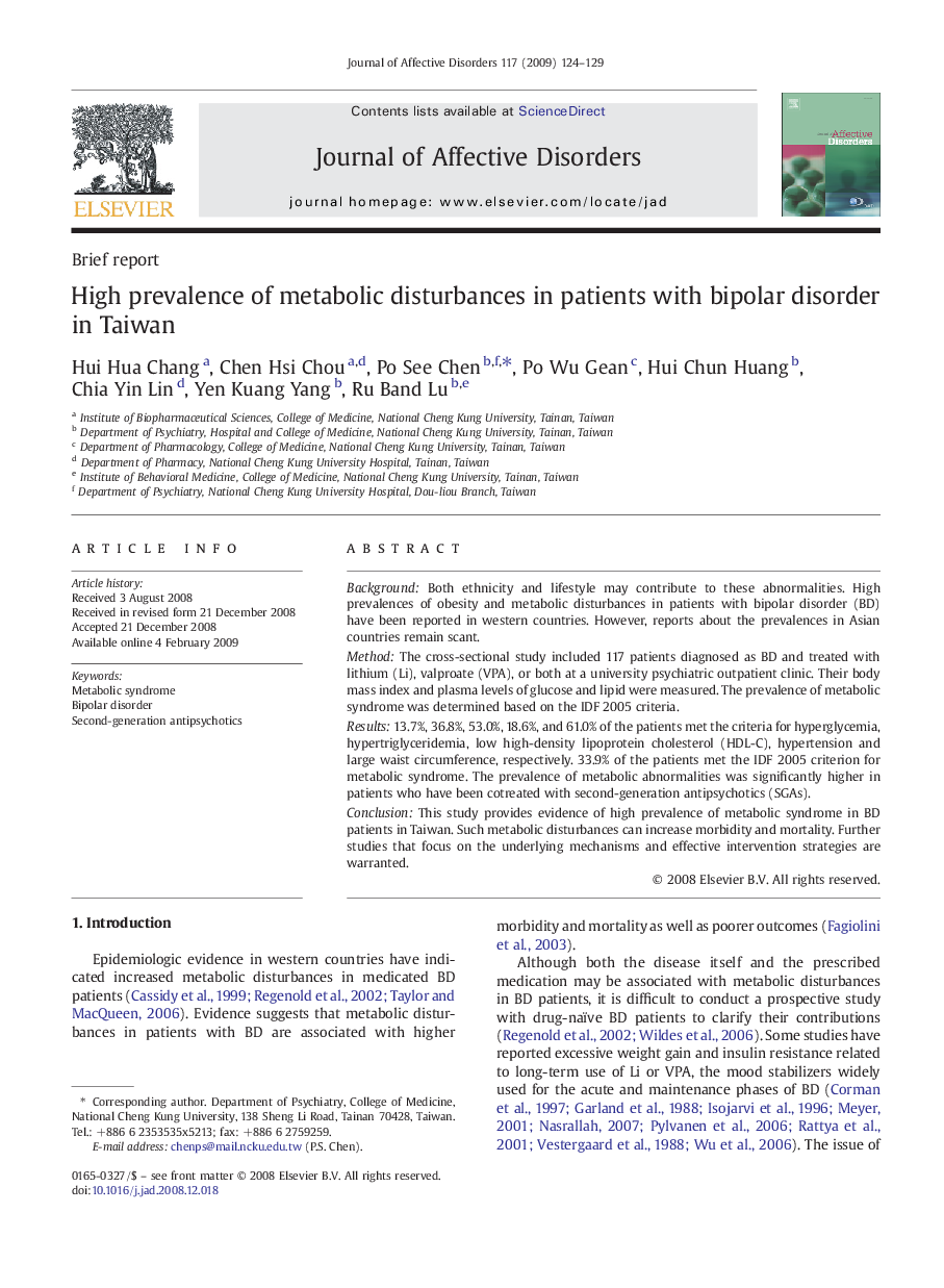 عکس صفحه اول مقاله: High prevalence of metabolic disturbances in patients with bipolar disorder in Taiwan High prevalence of metabolic disturbances in patients with bipolar disorder in Taiwan