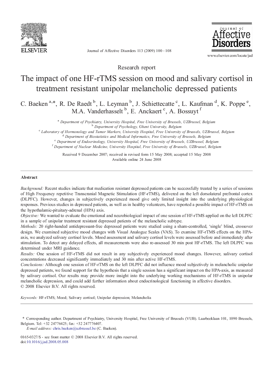 The impact of one HF-rTMS session on mood and salivary cortisol in treatment resistant unipolar melancholic depressed patients