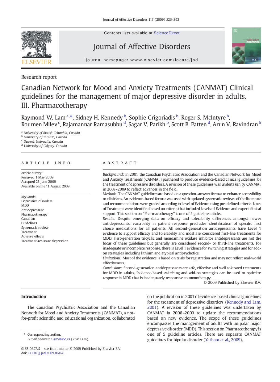 Canadian Network for Mood and Anxiety Treatments (CANMAT) Clinical guidelines for the management of major depressive disorder in adults.: III. Pharmacotherapy