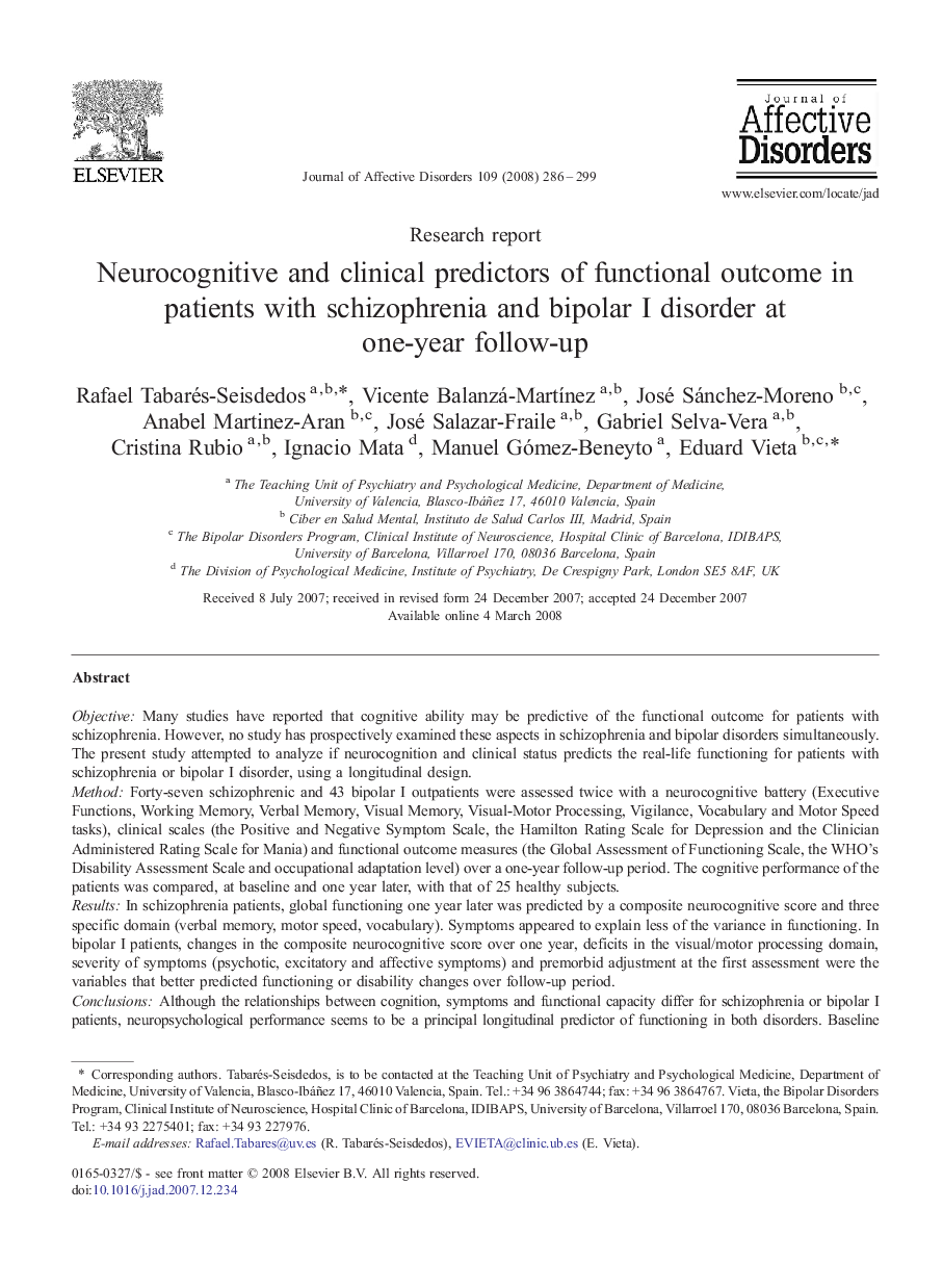 Neurocognitive and clinical predictors of functional outcome in patients with schizophrenia and bipolar I disorder at one-year follow-up