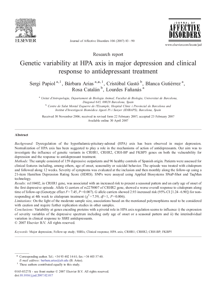 Genetic variability at HPA axis in major depression and clinical response to antidepressant treatment