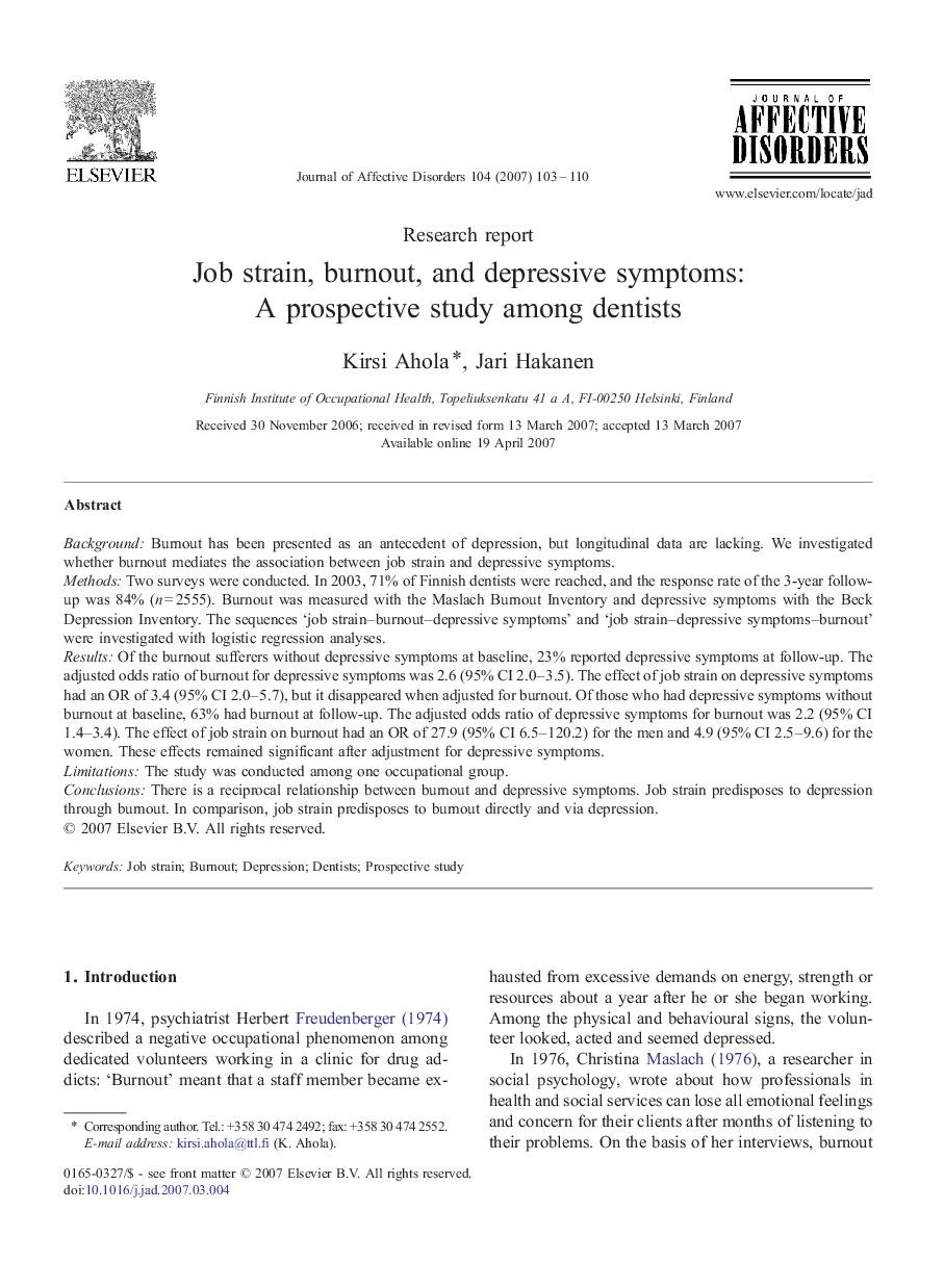 Job strain, burnout, and depressive symptoms: A prospective study among dentists