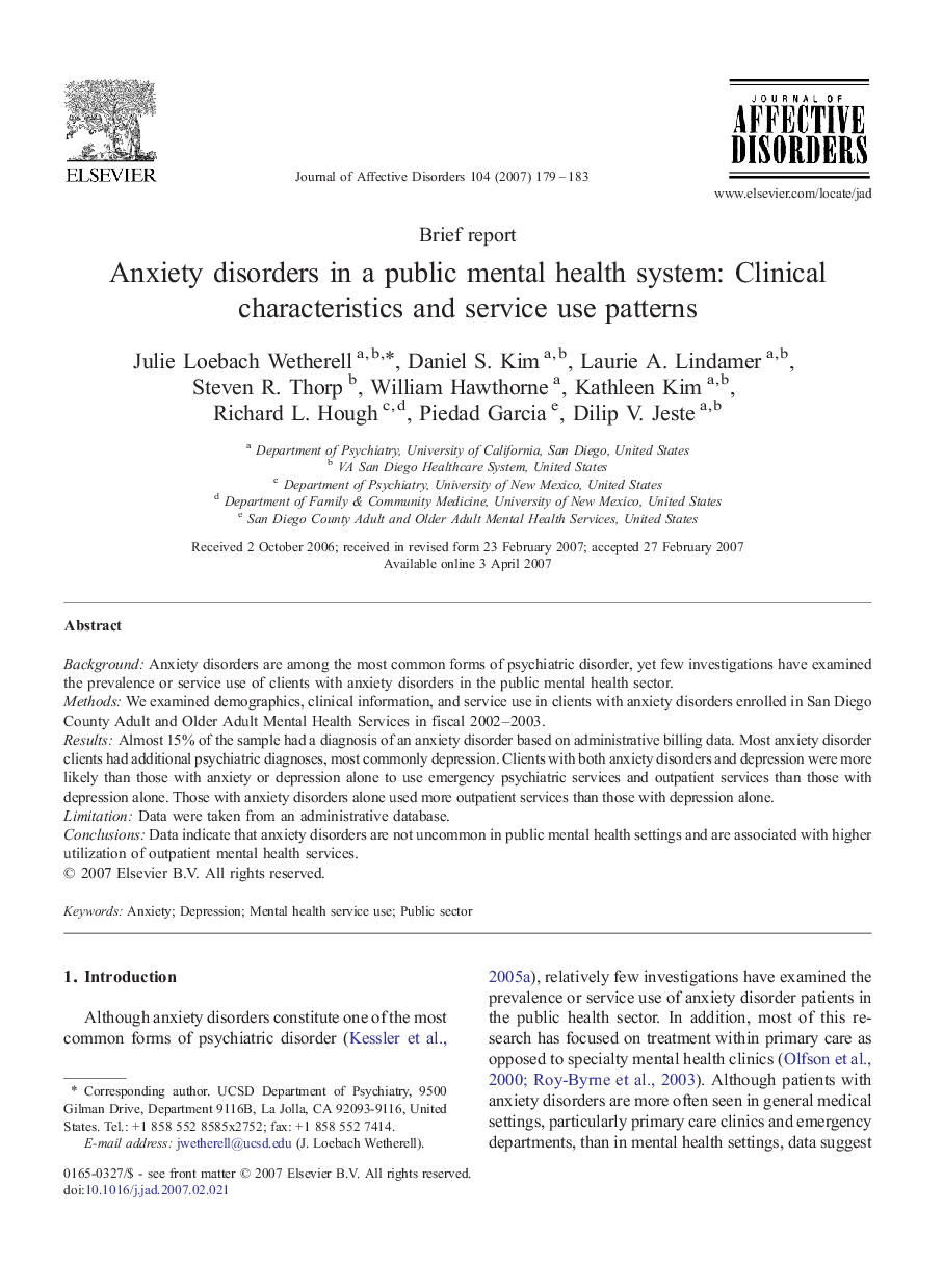 Anxiety disorders in a public mental health system: Clinical characteristics and service use patterns