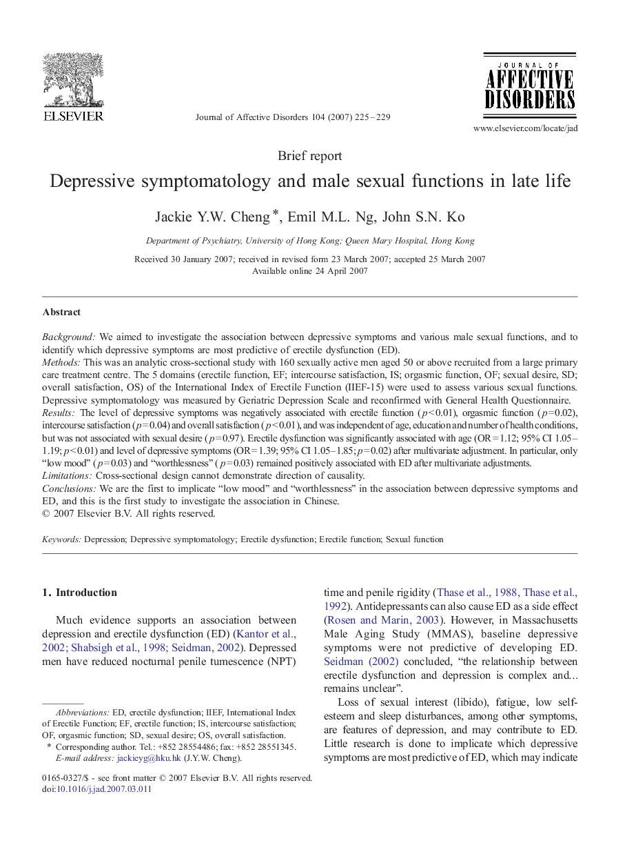 Depressive symptomatology and male sexual functions in late life