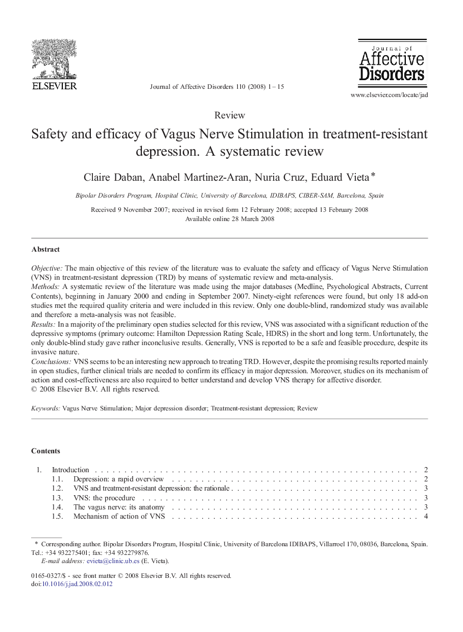 Safety and efficacy of Vagus Nerve Stimulation in treatment-resistant depression. A systematic review