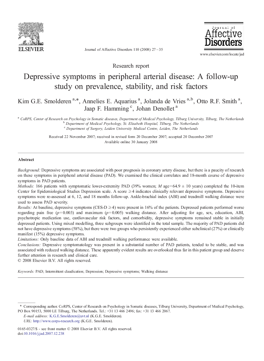 Depressive symptoms in peripheral arterial disease: A follow-up study on prevalence, stability, and risk factors