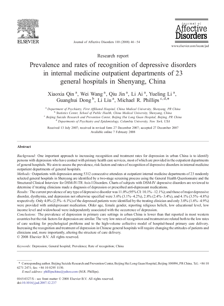 Prevalence and rates of recognition of depressive disorders in internal medicine outpatient departments of 23 general hospitals in Shenyang, China