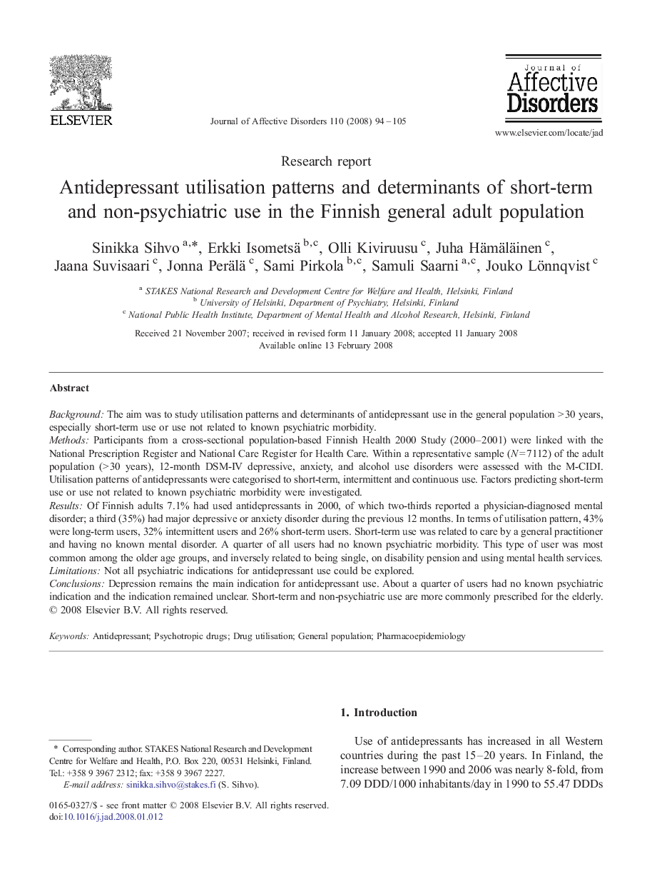 Antidepressant utilisation patterns and determinants of short-term and non-psychiatric use in the Finnish general adult population