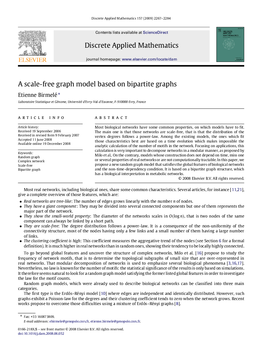 A scale-free graph model based on bipartite graphs