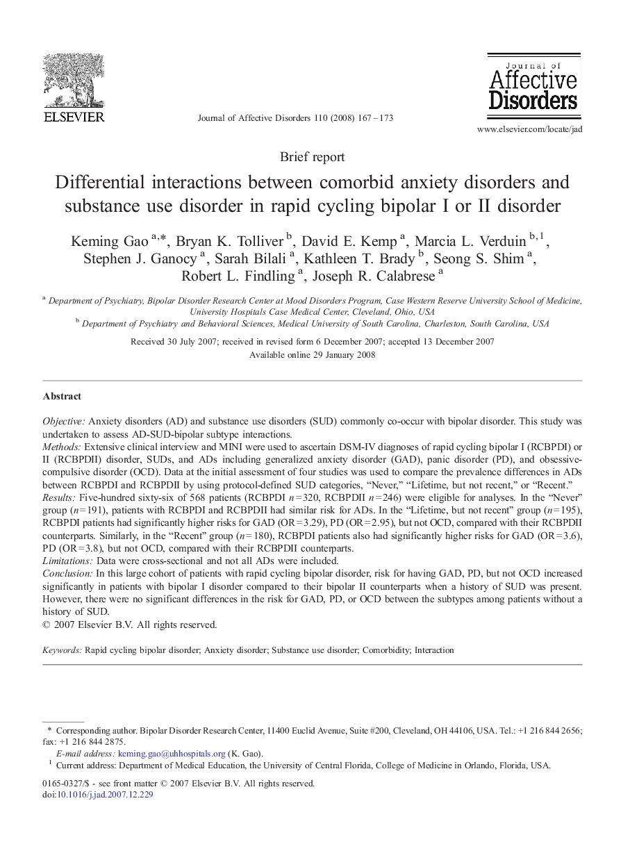 Differential interactions between comorbid anxiety disorders and substance use disorder in rapid cycling bipolar I or II disorder