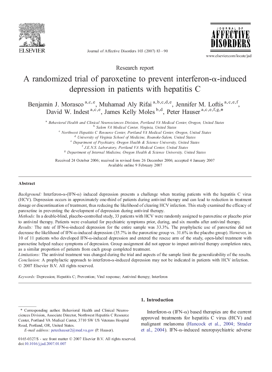 A randomized trial of paroxetine to prevent interferon-Î±-induced depression in patients with hepatitis C