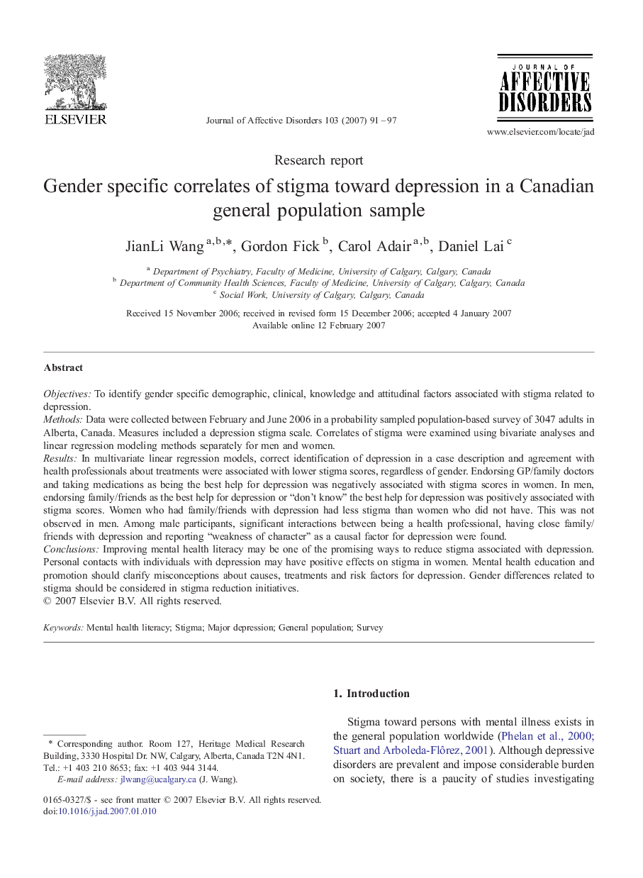 Gender specific correlates of stigma toward depression in a Canadian general population sample