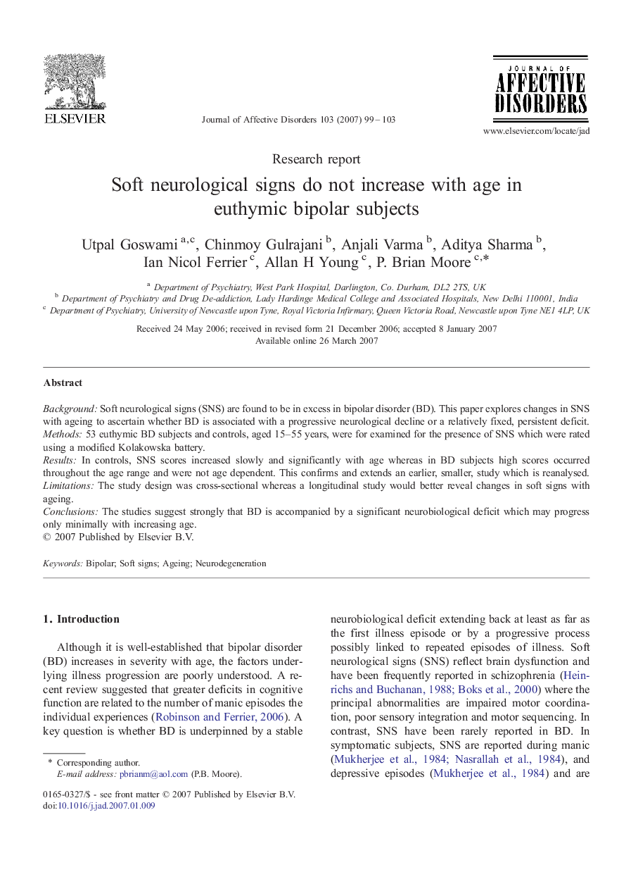 Soft neurological signs do not increase with age in euthymic bipolar subjects