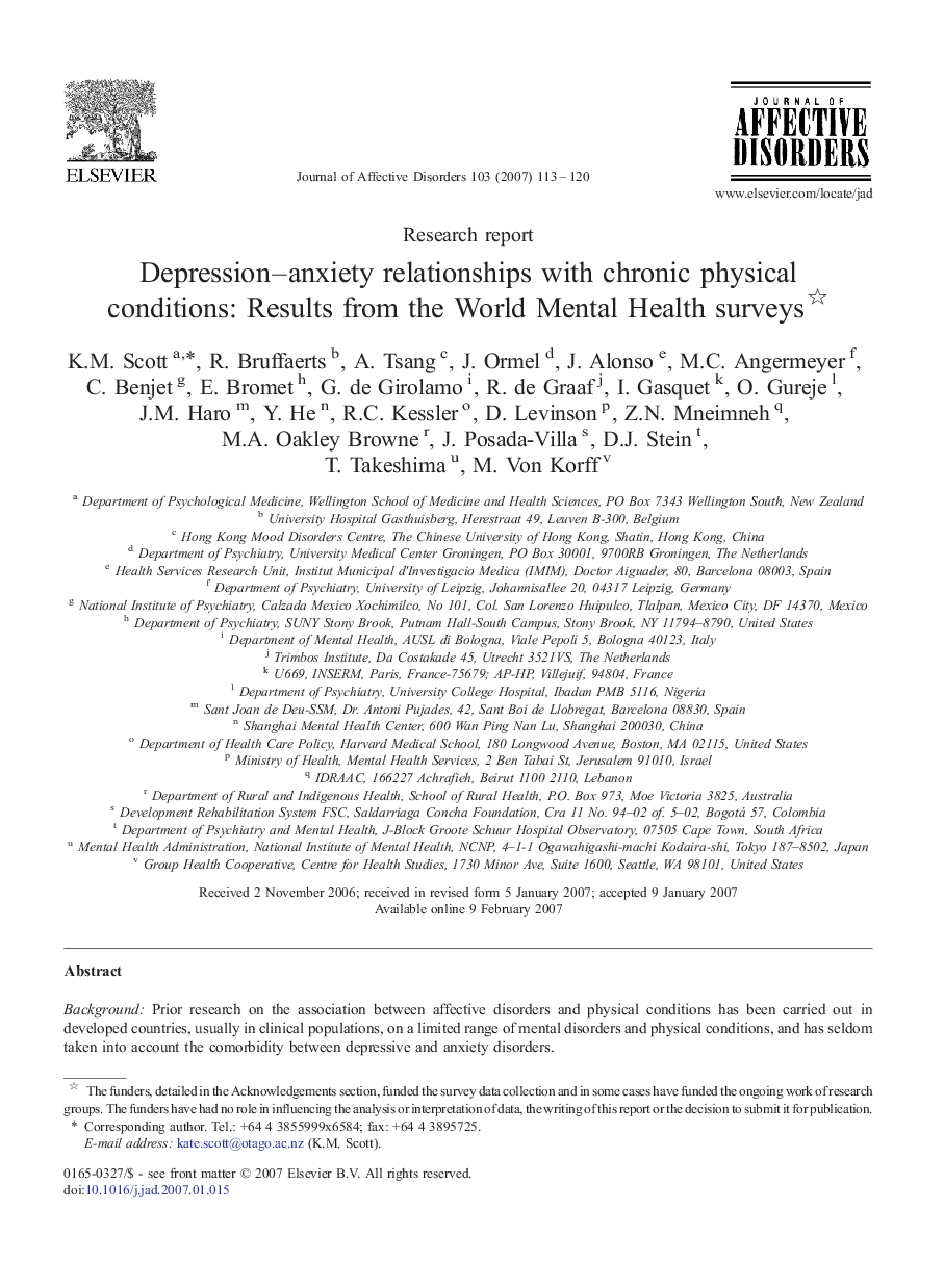 Depression–anxiety relationships with chronic physical conditions: Results from the World Mental Health surveys 