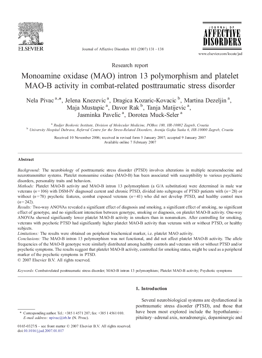 Monoamine oxidase (MAO) intron 13 polymorphism and platelet MAO-B activity in combat-related posttraumatic stress disorder