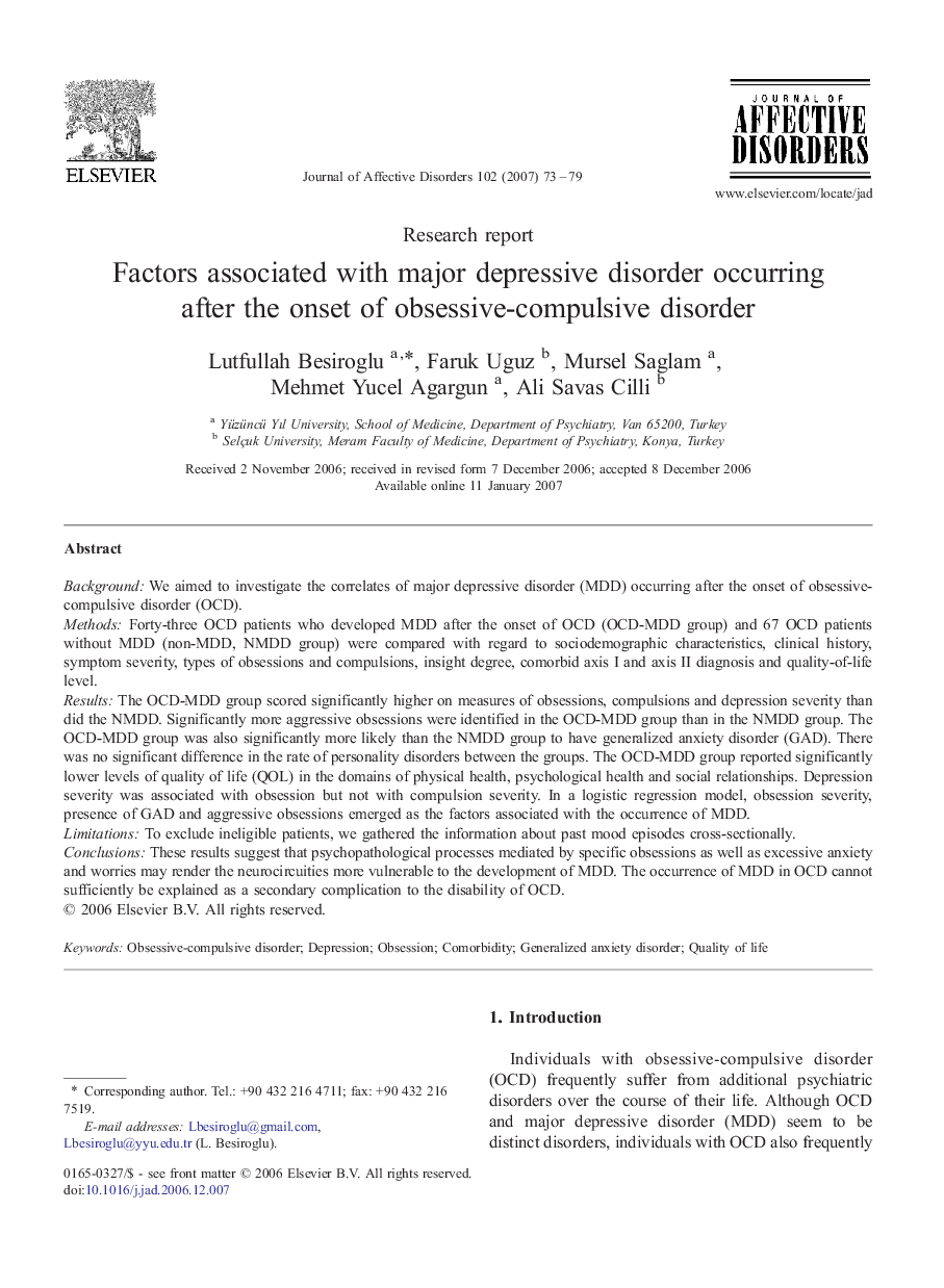 Factors associated with major depressive disorder occurring after the onset of obsessive-compulsive disorder