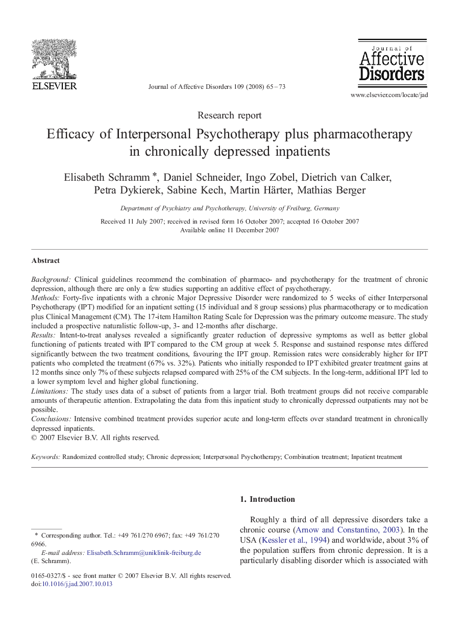 Efficacy of Interpersonal Psychotherapy plus pharmacotherapy in chronically depressed inpatients