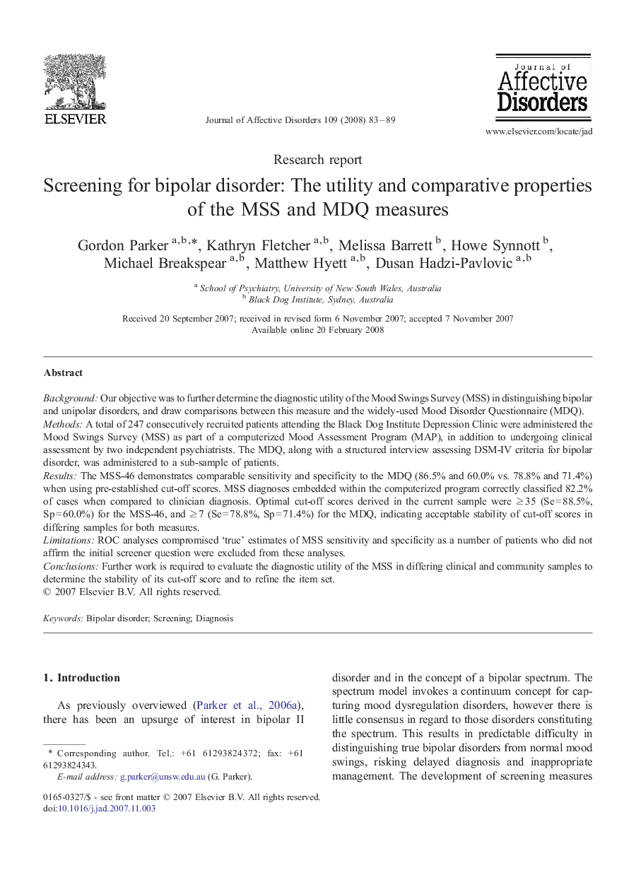 عکس صفحه اول مقاله: Screening for bipolar disorder: The utility and comparative properties of the MSS and MDQ measures Screening for bipolar disorder: The utility and comparative properties of the MSS and MDQ measures