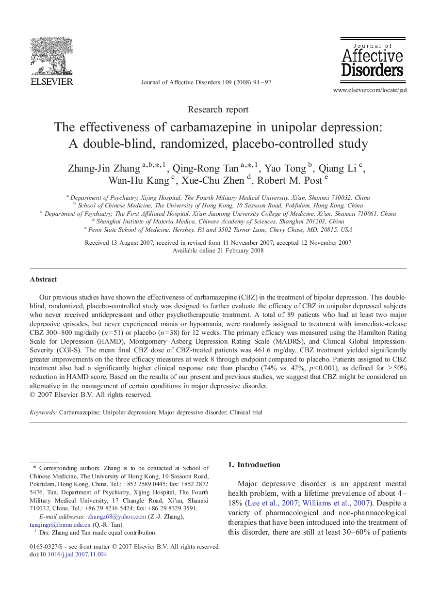 The effectiveness of carbamazepine in unipolar depression: A double-blind, randomized, placebo-controlled study