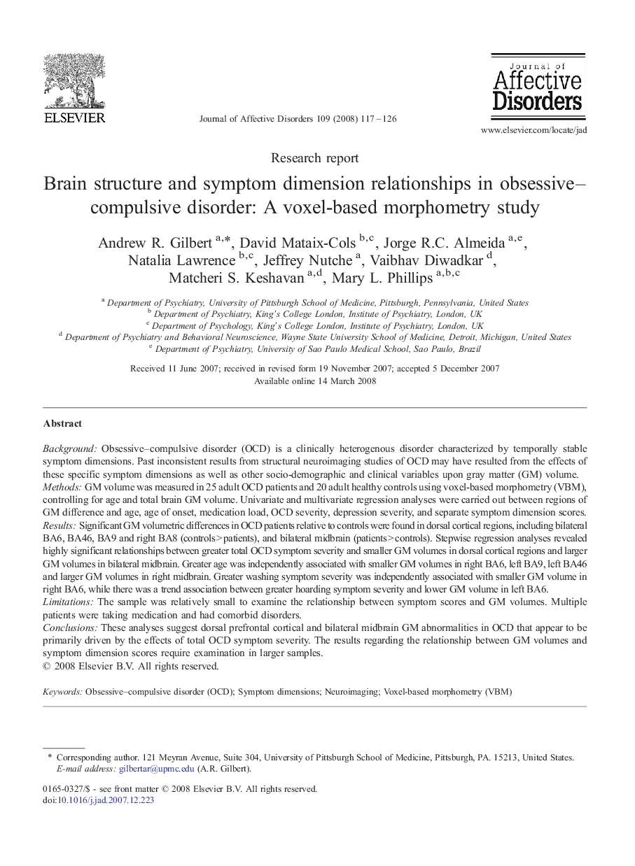 Brain structure and symptom dimension relationships in obsessive–compulsive disorder: A voxel-based morphometry study