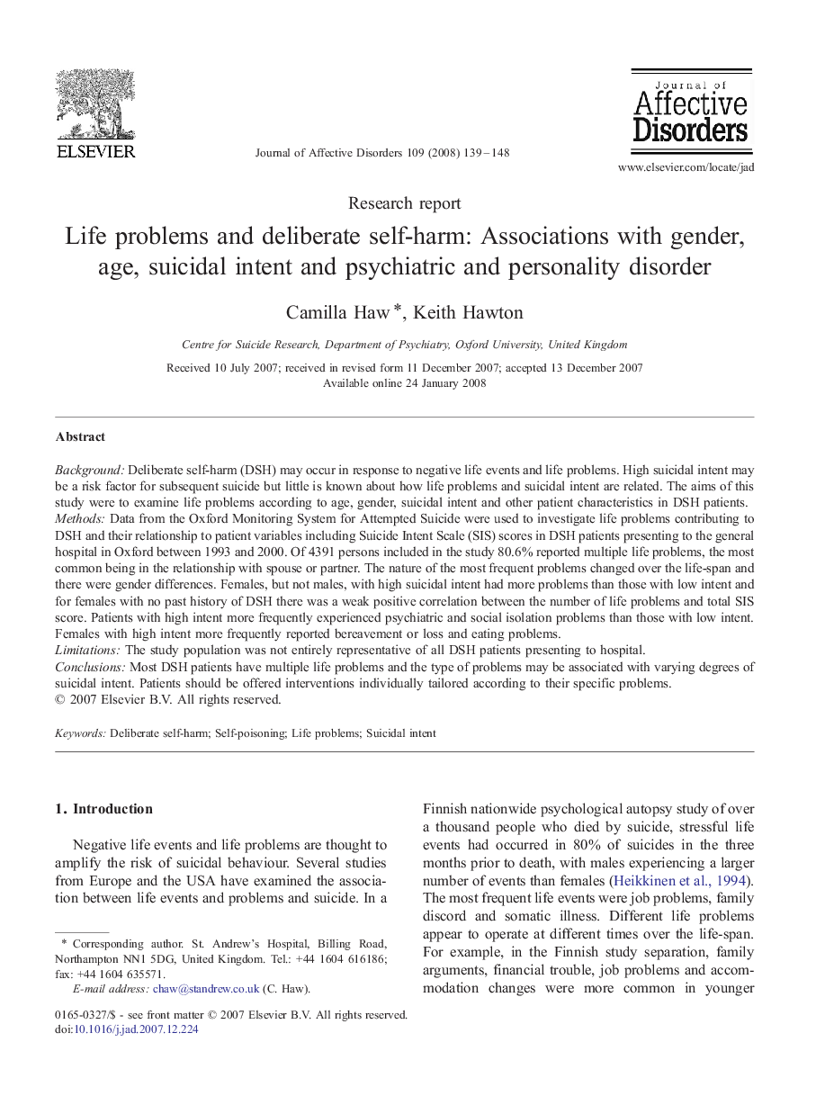 Life problems and deliberate self-harm: Associations with gender, age, suicidal intent and psychiatric and personality disorder