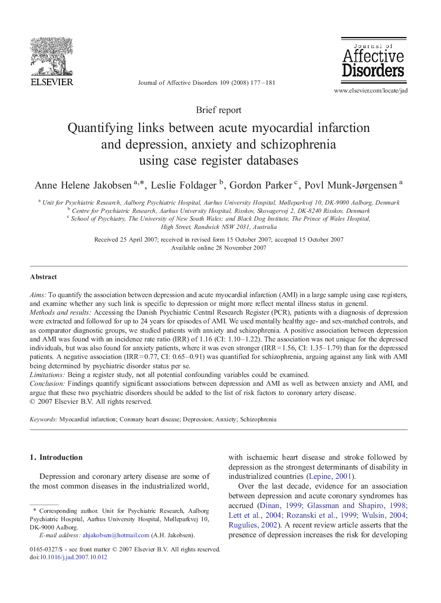Quantifying links between acute myocardial infarction and depression, anxiety and schizophrenia using case register databases