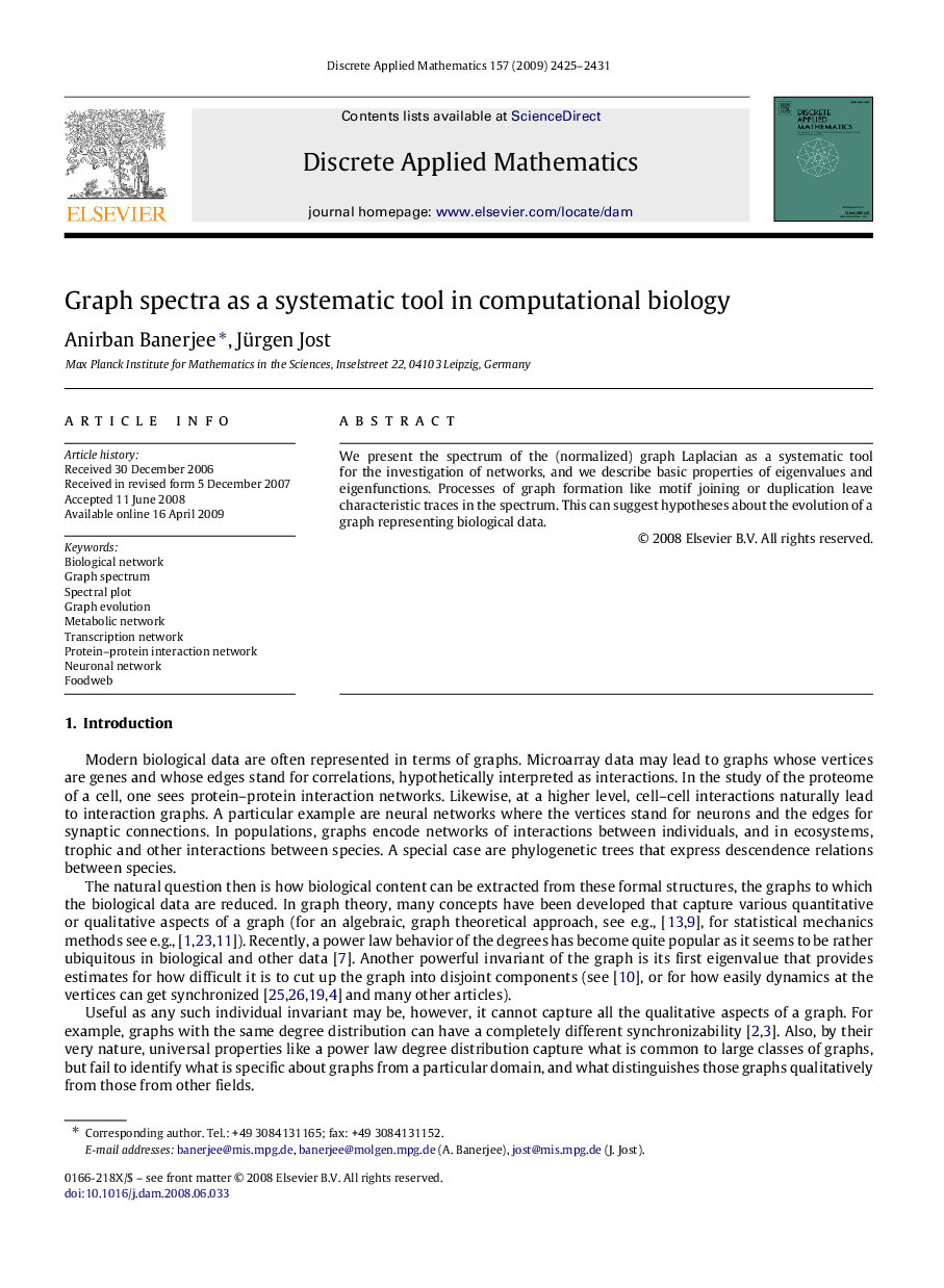 Graph spectra as a systematic tool in computational biology