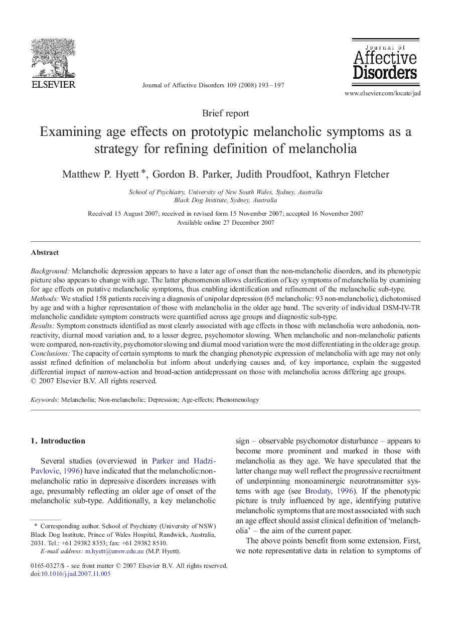 Examining age effects on prototypic melancholic symptoms as a strategy for refining definition of melancholia