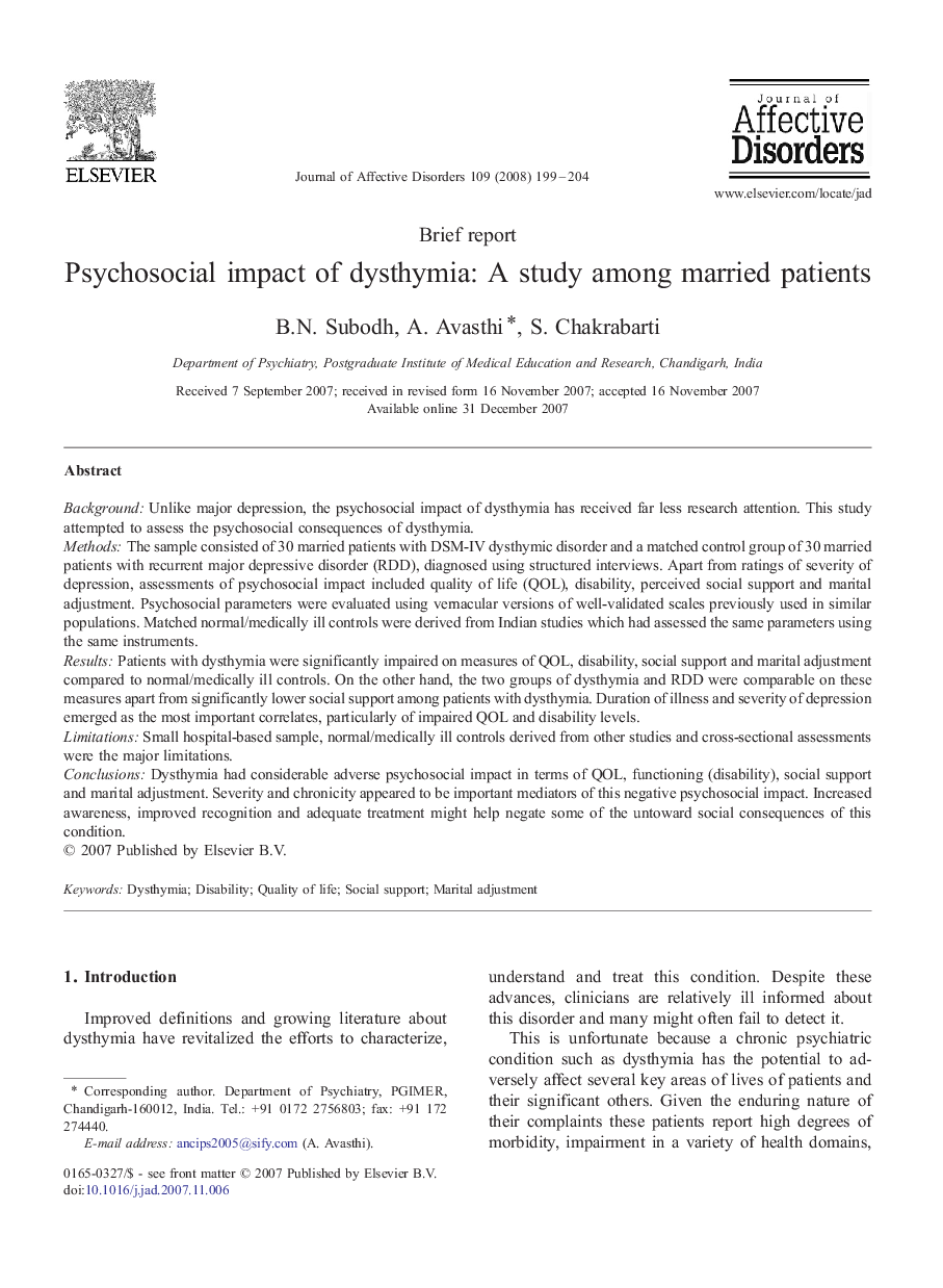 Psychosocial impact of dysthymia: A study among married patients