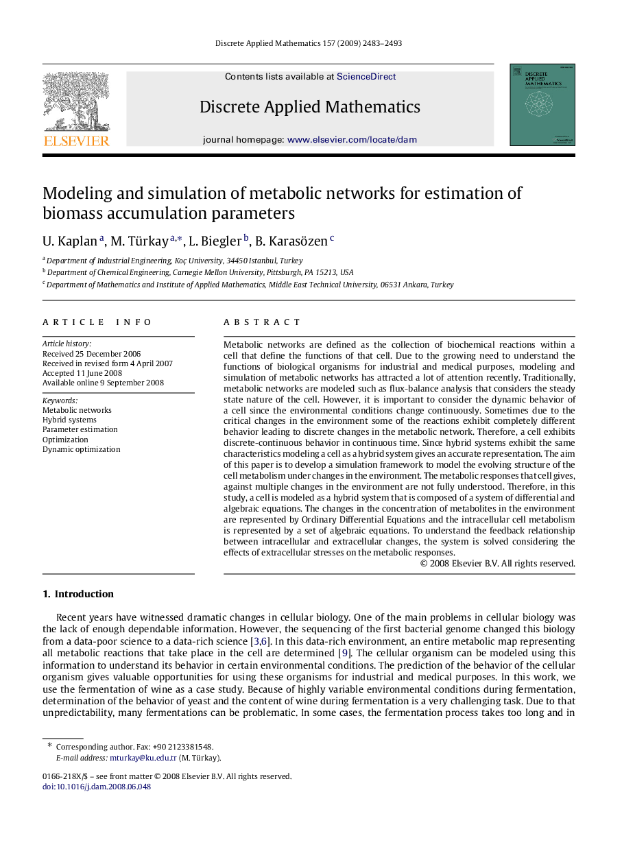 Modeling and simulation of metabolic networks for estimation of biomass accumulation parameters